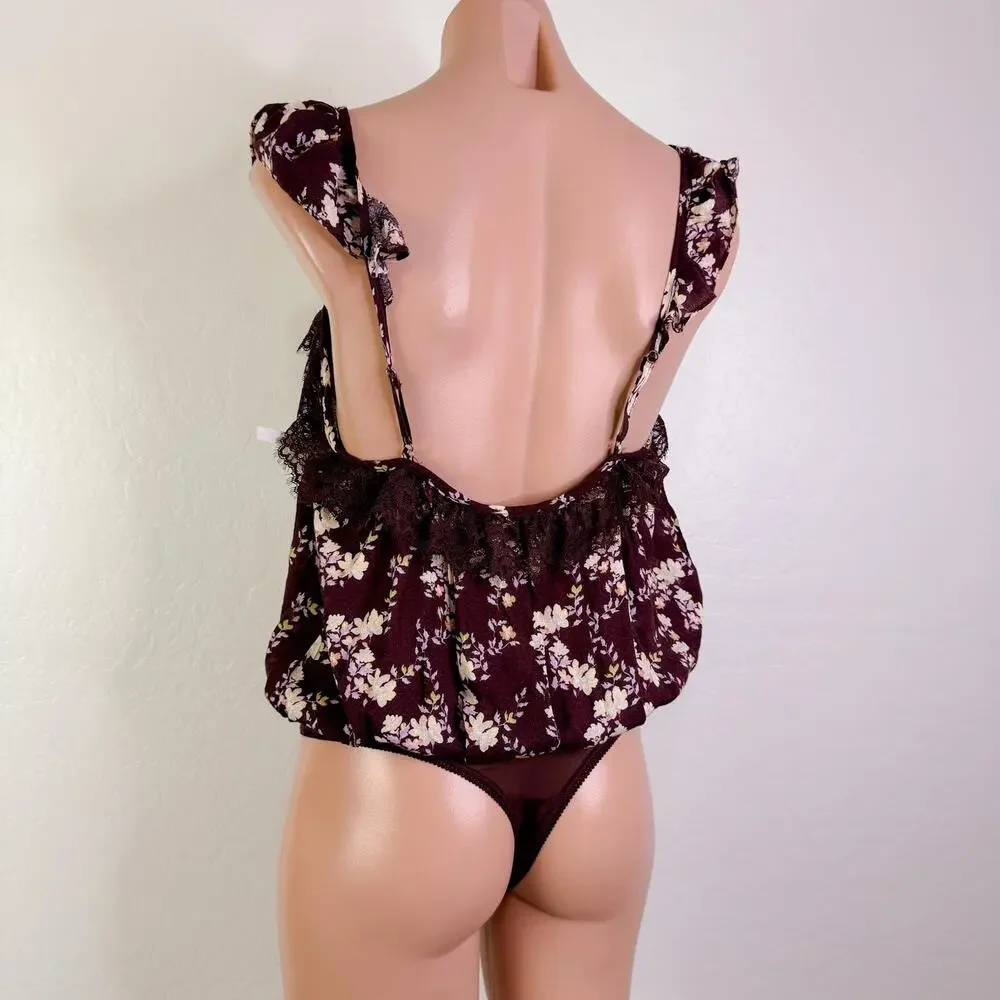 Free People Prairie Cottage Take It Away Lace Floral Bodysuit Top Brown sz S NWT